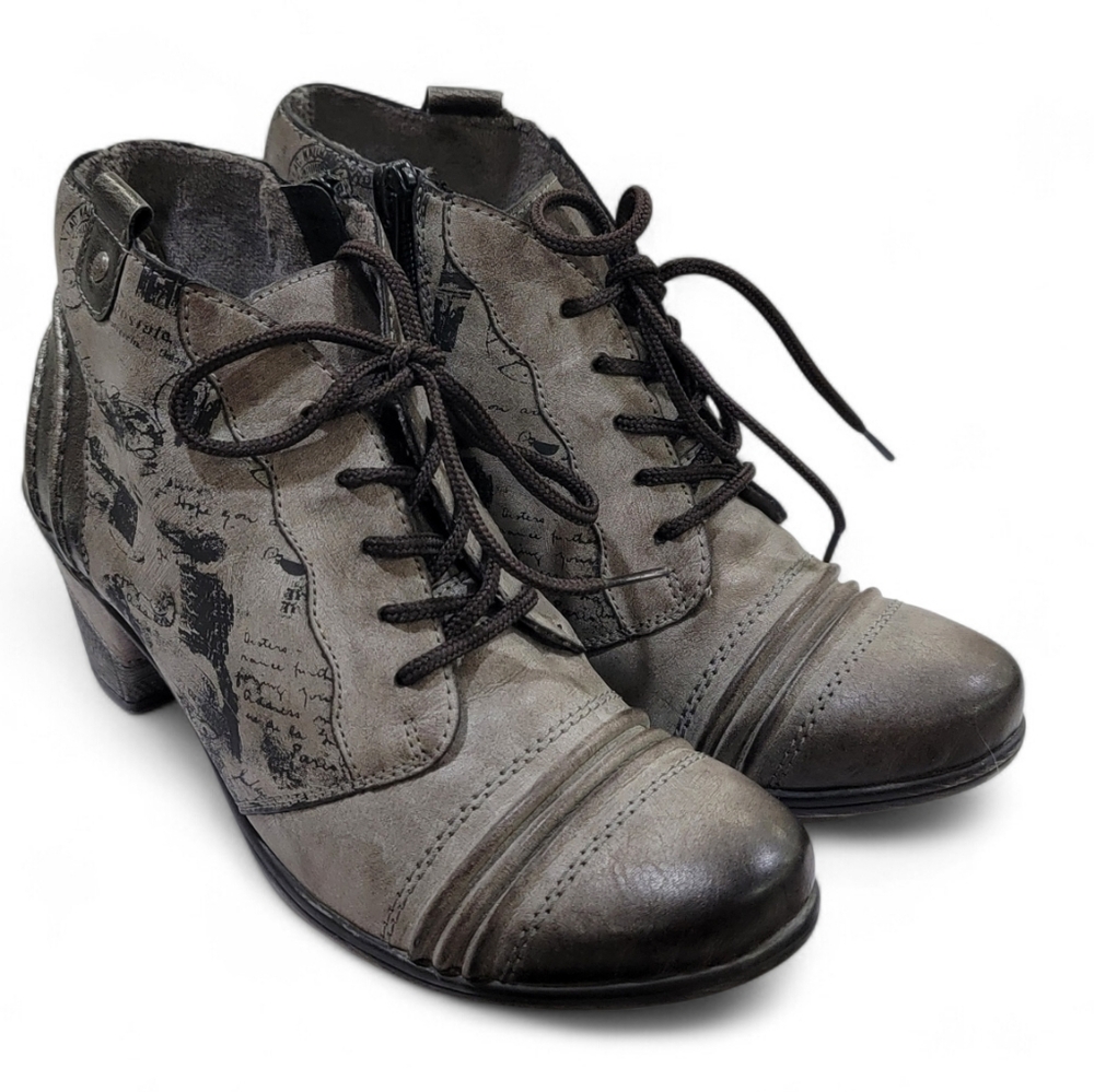 Remonte Servia Script Print Ankle Boots Gray Steampunk Womens Size 6